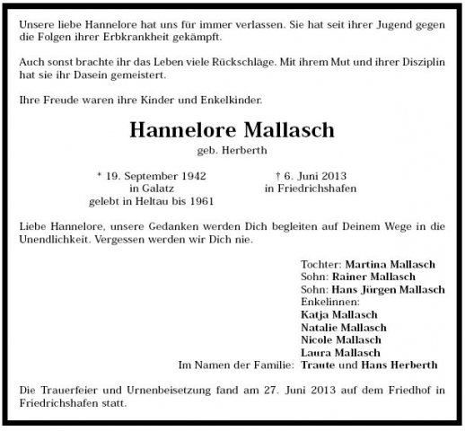 Herberth Hannelore 1942-2013 SBZ Todesanzeige